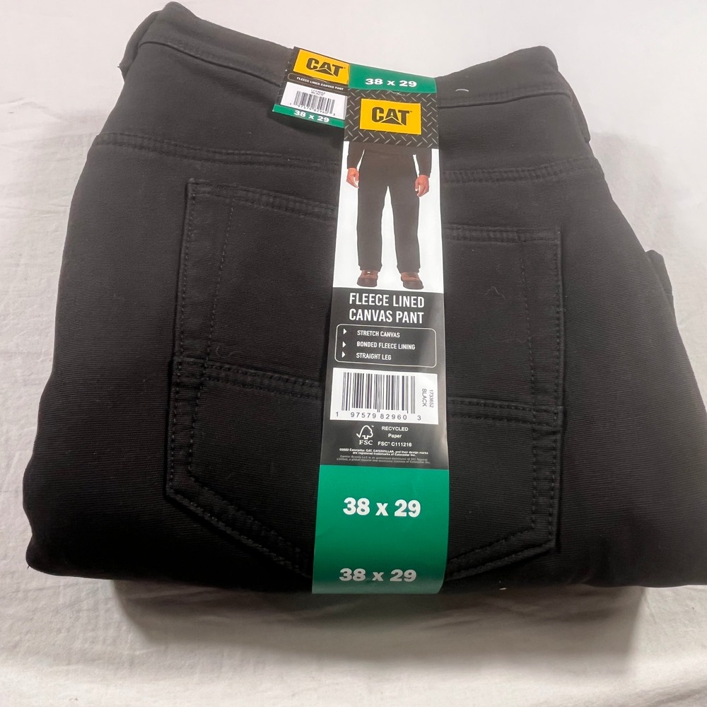 CAT Fleece Lined Canvas Pant Mens‎ 38x29 Black NEW Stretch Straight Leg New